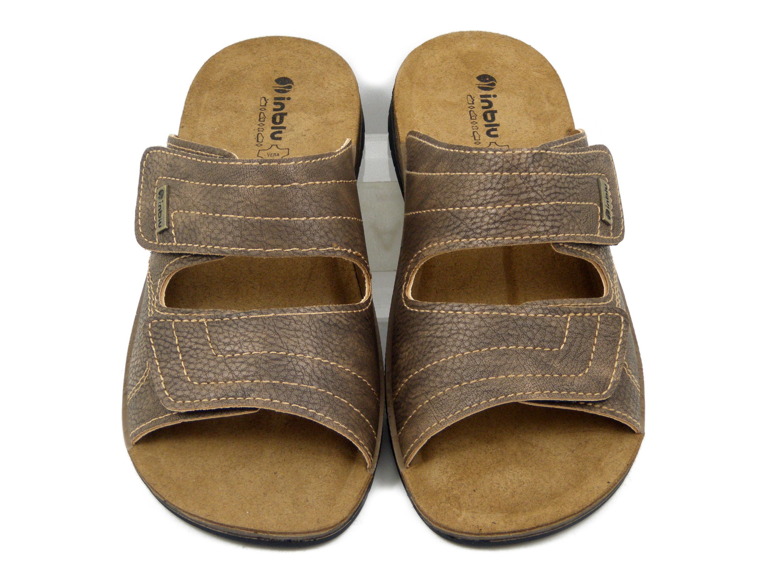 Ciabatte Uomo in Eco Pelle Marrone con Doppio Strap, Sottopiede Vera Pelle, INBLU - ID20