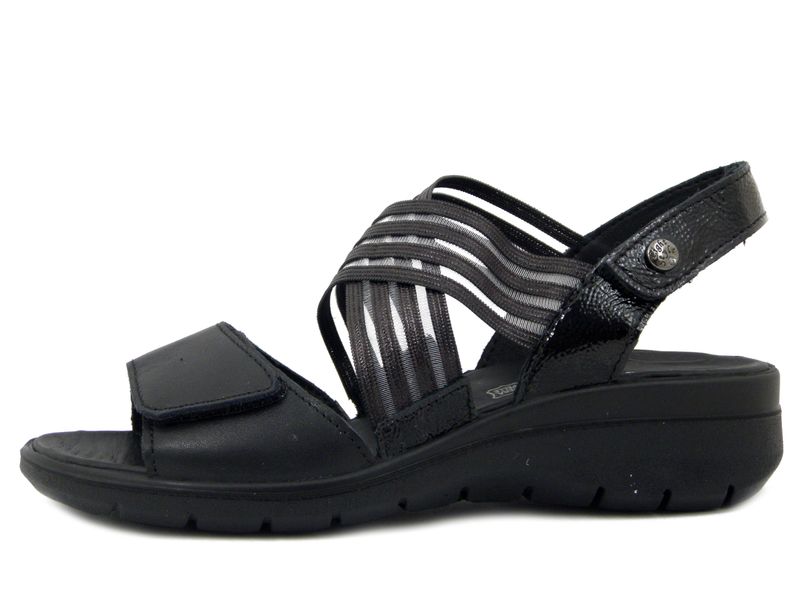 Sandali Donna in Pelle Nero con Strap, Zeppa Bassa, Pianta Larga, Imac - 757400