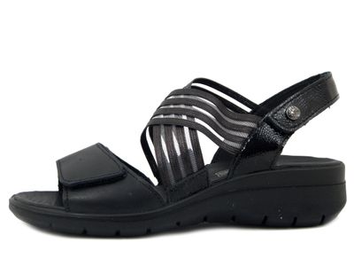 Sandali Donna in Pelle Nero con Strap, Zeppa Bassa, Pianta Larga, Imac - 757400