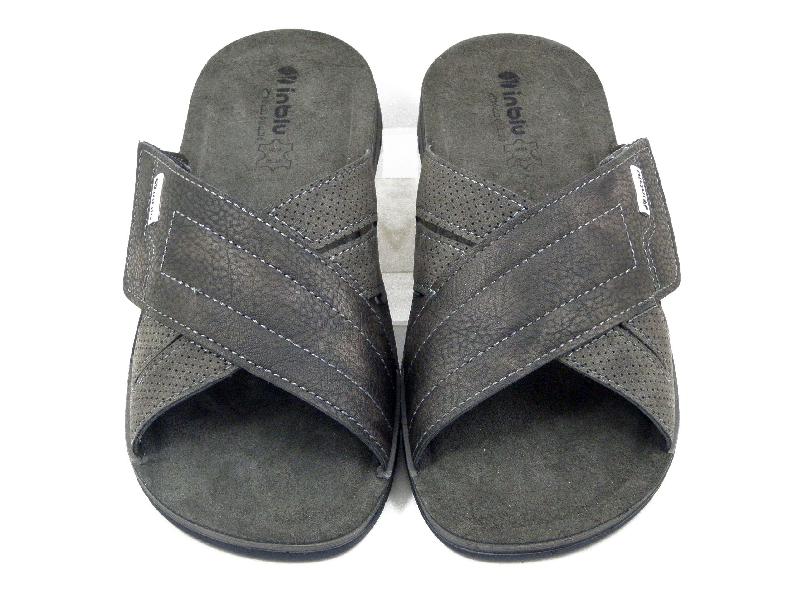 Ciabatte Uomo in Eco Pelle Grigio Scuro con Strap, Sottopiede Vera Pelle, INBLU - ID18