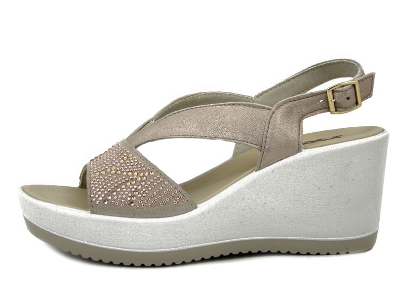 Sandali Donna in Pelle Beige Champagne, Zeppa Media 7 cm, Imac - 757820