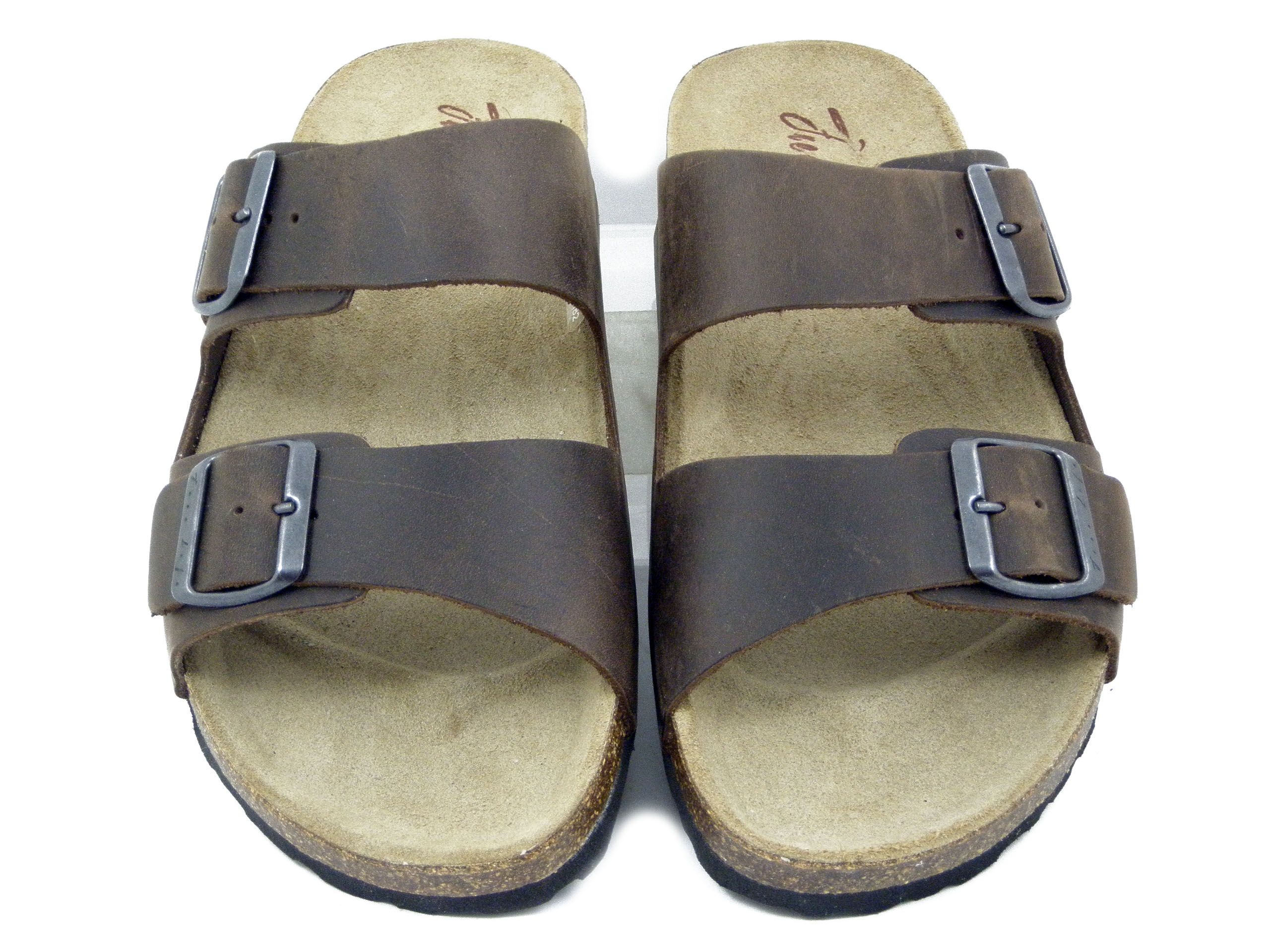 Sandali Ciabatte Uomo in Pelle Marrone con Doppia Fibbia, Free Life - 1758U