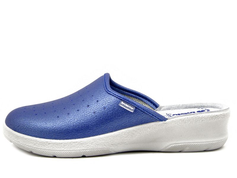 Pantofole Donna in Eco Pelle Blu, Sottopiede Vera Pelle, Zeppa Bassa, Inblu - 033N