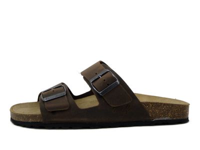 Sandali Ciabatte Uomo in Pelle Marrone con Doppia Fibbia, Free Life - 1758U
