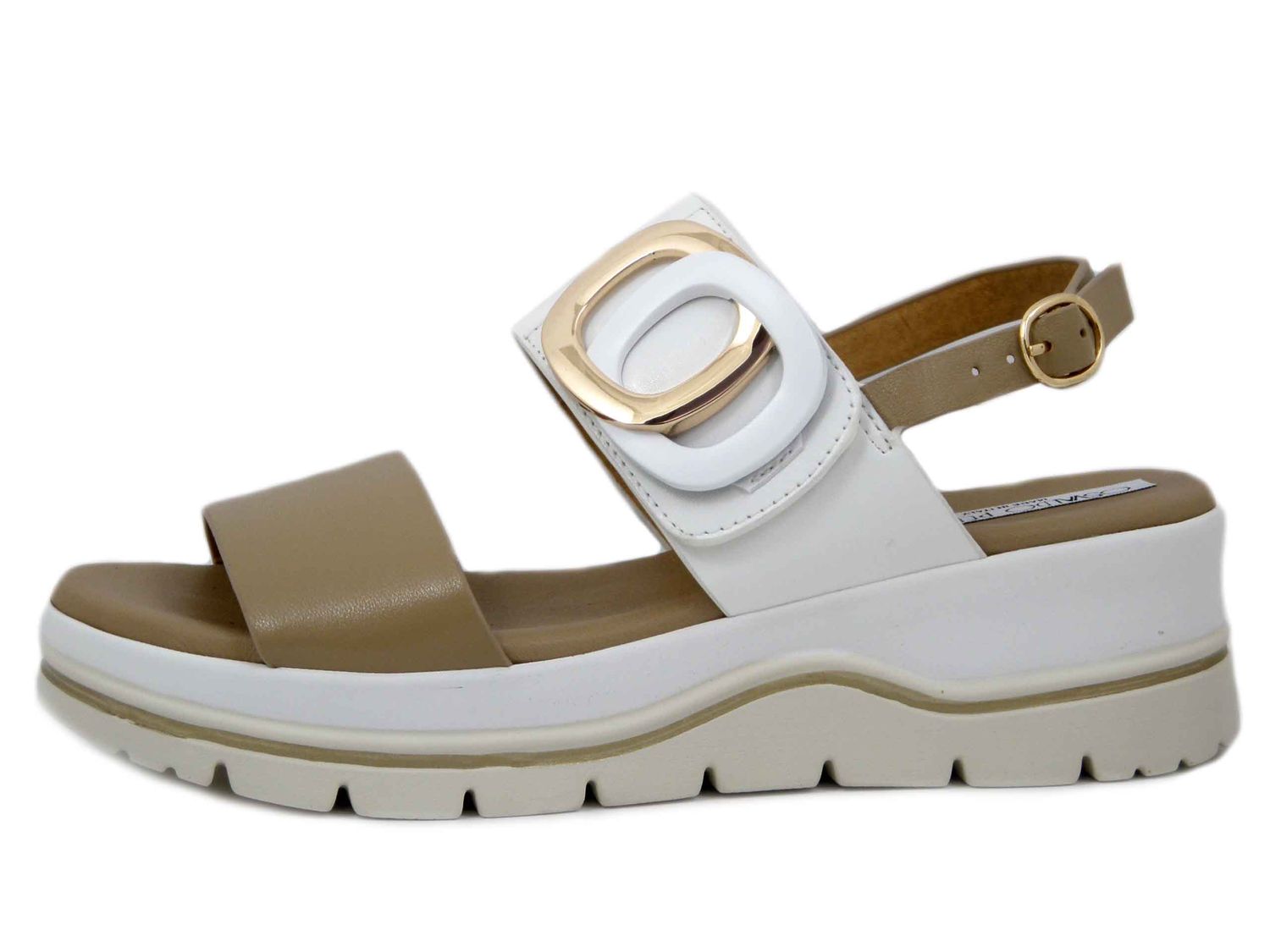 Sandali Donna in Pelle Bianco e Beige con Strap, Zeppa Bassa, Osvaldo Pericoli - 11214