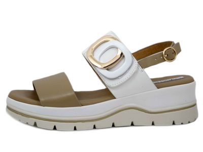 Sandali Donna in Pelle Bianco e Beige con Strap, Zeppa Bassa, Osvaldo Pericoli - 11214