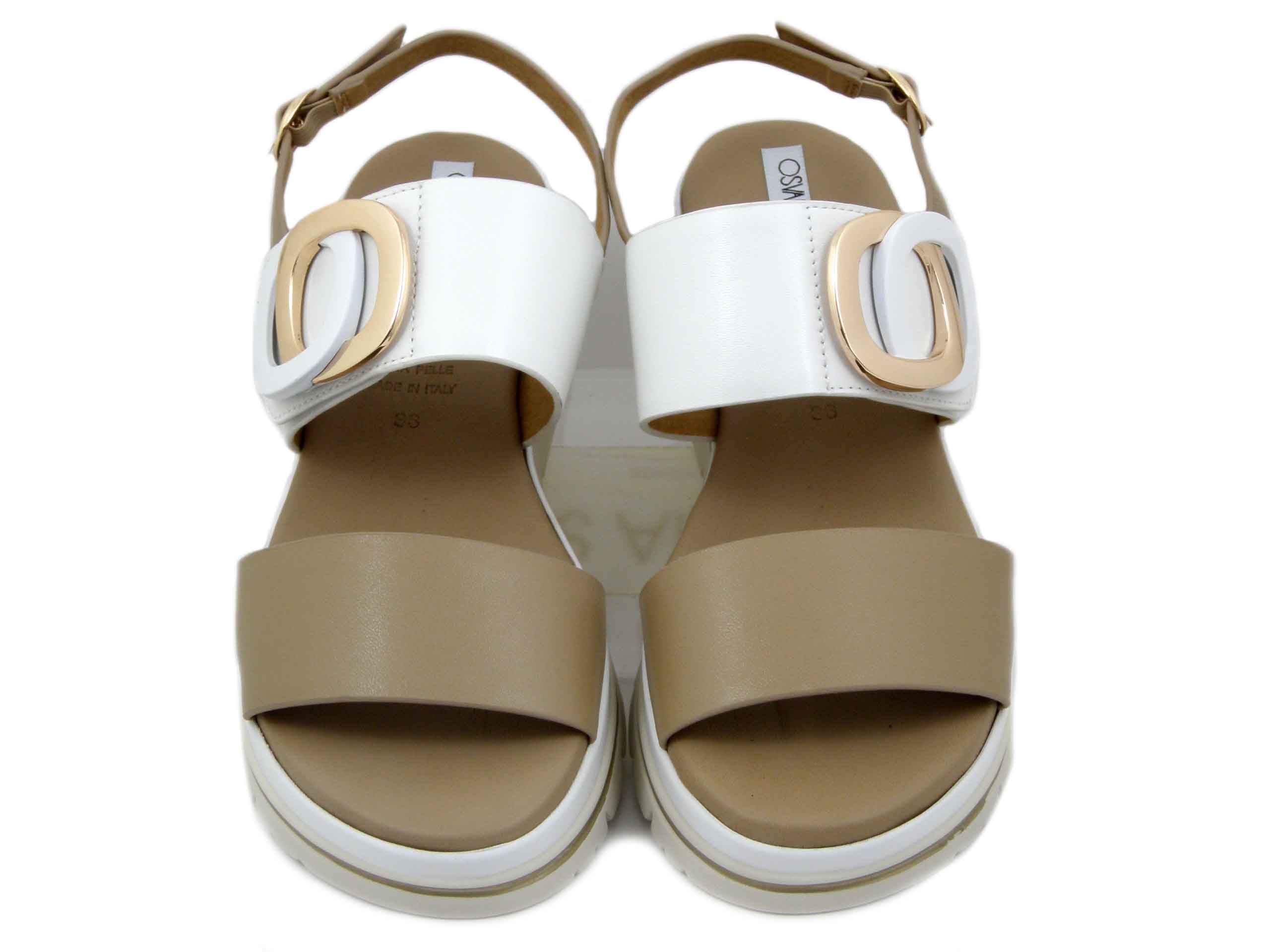 Sandali Donna in Pelle Bianco e Beige con Strap, Zeppa Bassa, Osvaldo Pericoli - 11214