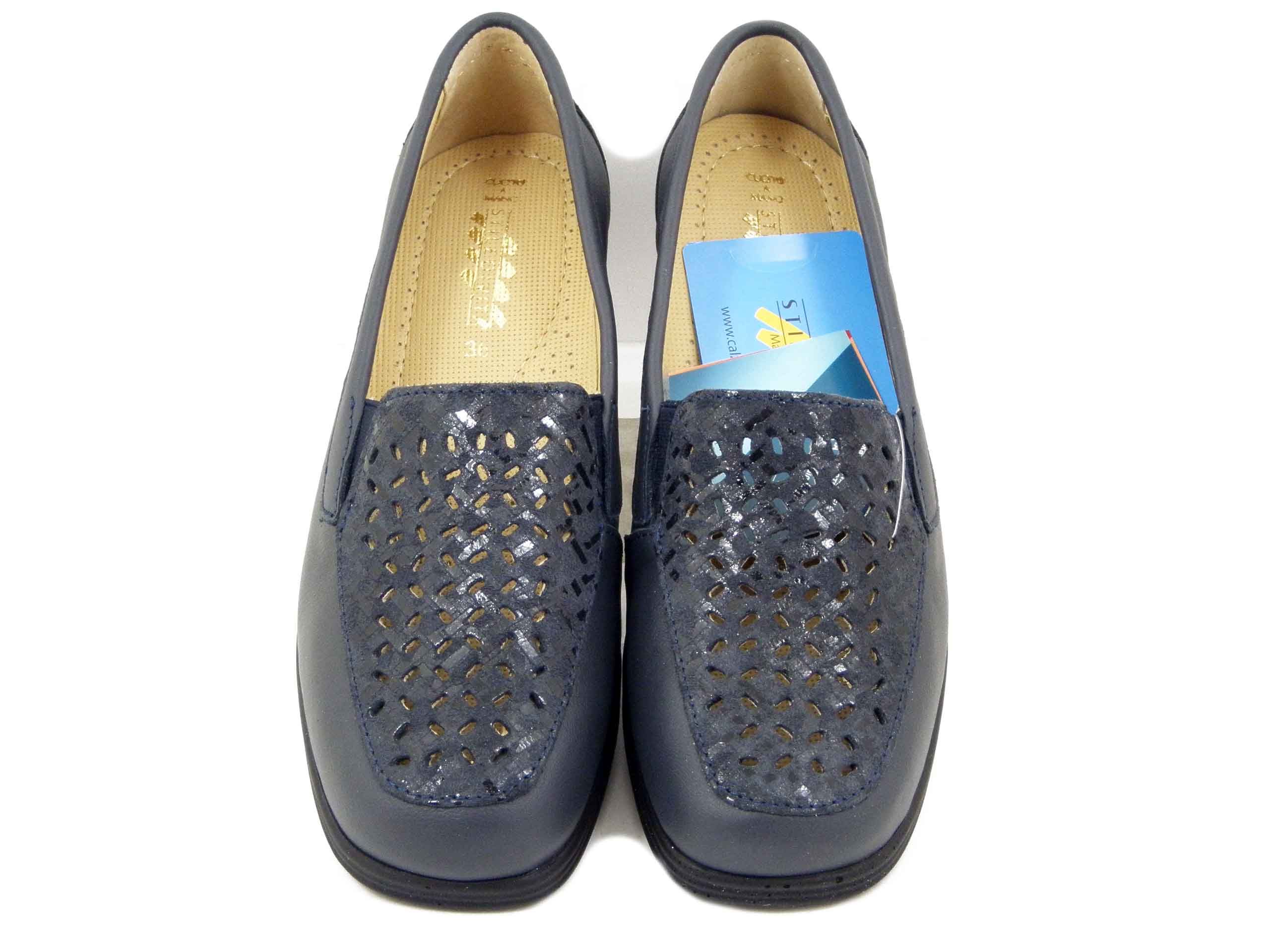 Mocassini Donna in Pelle Blu, Zeppa Bassa, Sottopiede Estraibile, STILEDIVITA - 9146