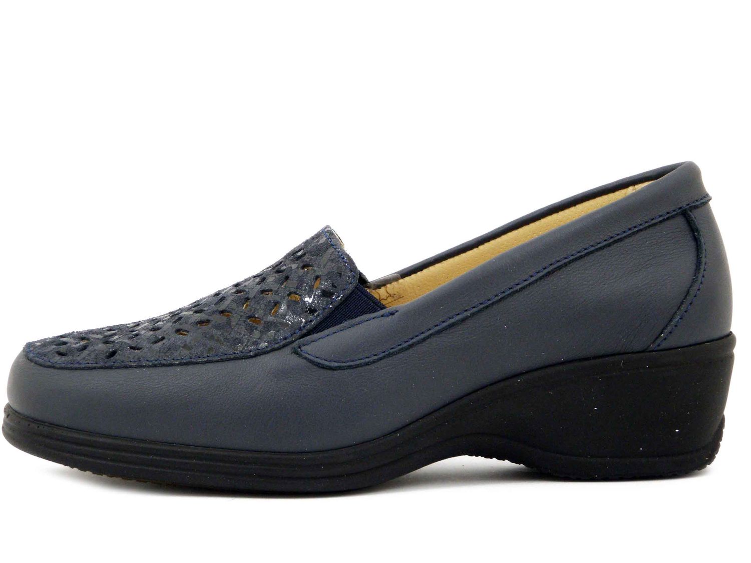 Mocassini Donna in Pelle Blu, Zeppa Bassa, Sottopiede Estraibile, STILEDIVITA - 9146