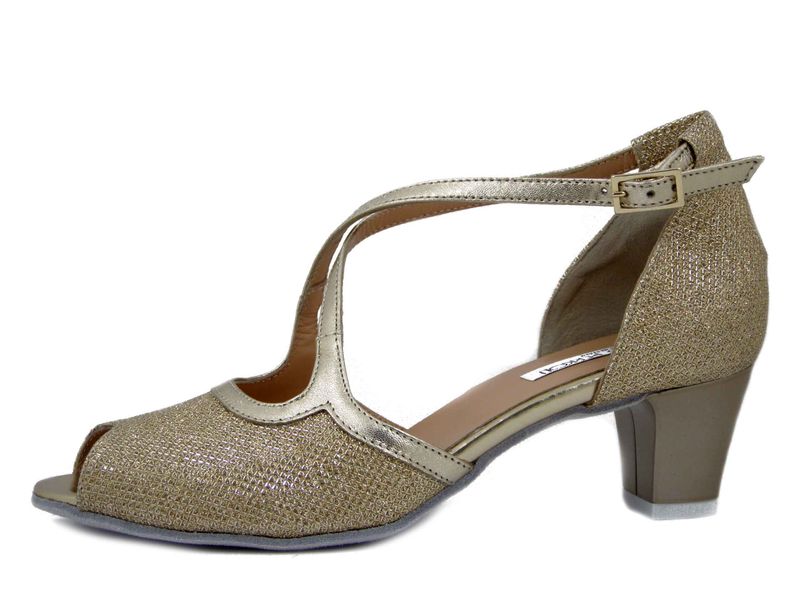 Scarpe Donna da Ballo Sandali in Pelle Oro e Glitter, Tacco Medio Basso 5 cm,  Osvaldo Pericoli - EB253