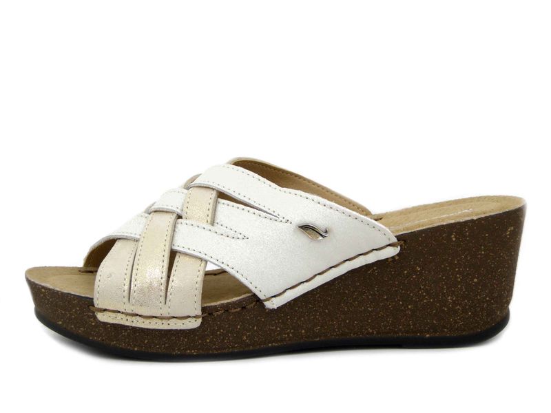 Ciabatte Donna in Pelle Bianco e Platino, Zeppa Media 6 cm, Pianta Comoda, ATEMA - 8127