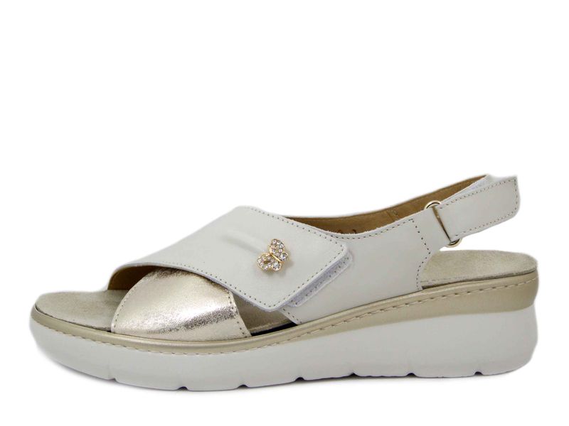Sandali Donna in Pelle Bianco e Oro con Strap, Zeppa Bassa, Plantare Estraibile, ATEMA - 12587