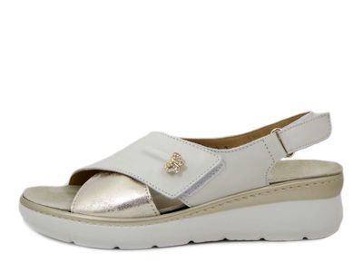 Sandali Donna in Pelle Bianco e Oro con Strap, Zeppa Bassa, Plantare Estraibile, ATEMA - 12587