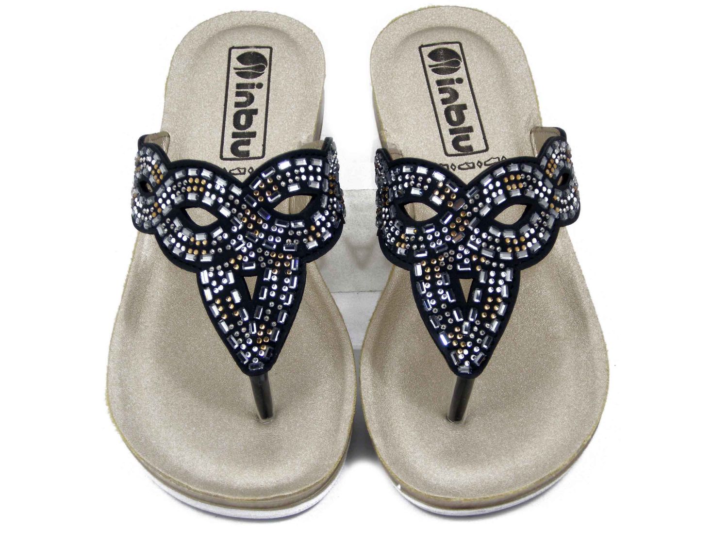 Ciabatta Donna Infradito Gioiello in Eco Pelle Nero, Zeppa Bassa, INBLU - BV44