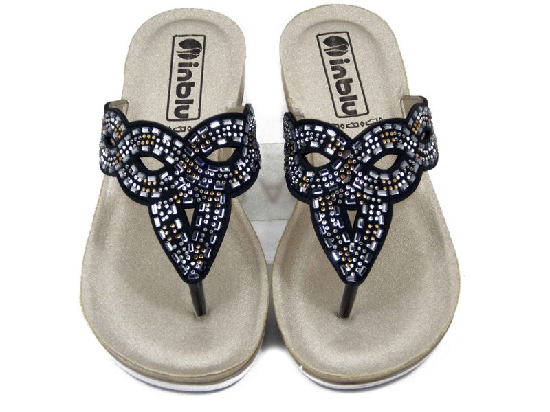 Ciabatta Donna Infradito Gioiello in Eco Pelle Nero, Zeppa Bassa, INBLU - BV44