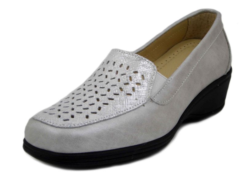 Mocassini Donna in Pelle Argento, Zeppa Bassa, Sottopiede Estraibile, STILEDIVITA - 9146