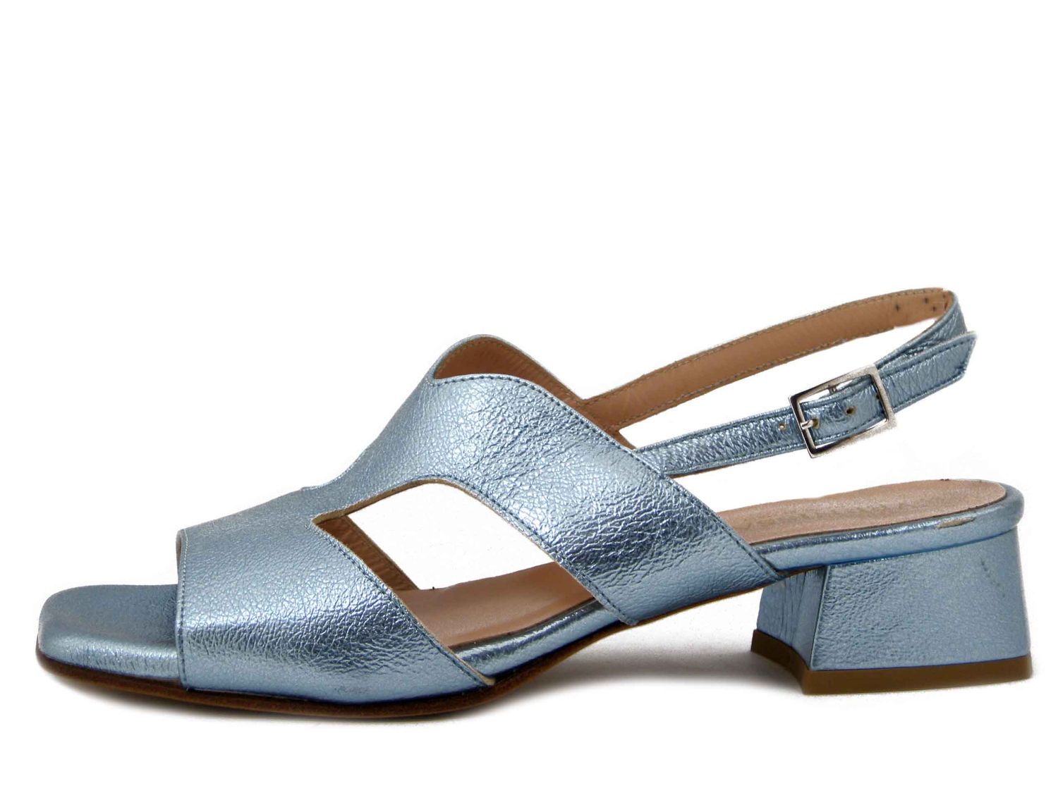 Sandali Donna in Pelle Celeste Laminato, Tacco Basso 3 cm, Vernissage di Soffice Sogno - 23712CE