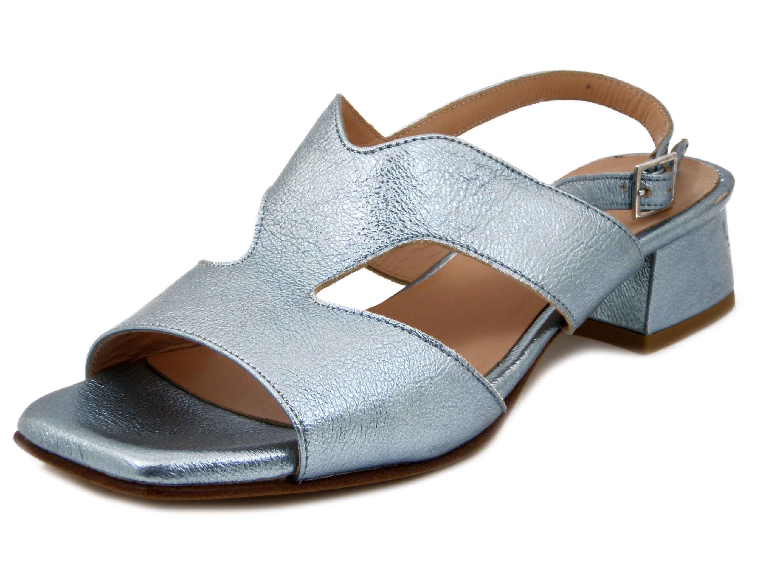 Sandali Donna in Pelle Celeste Laminato, Tacco Basso 3 cm, Vernissage di Soffice Sogno - 23712CE