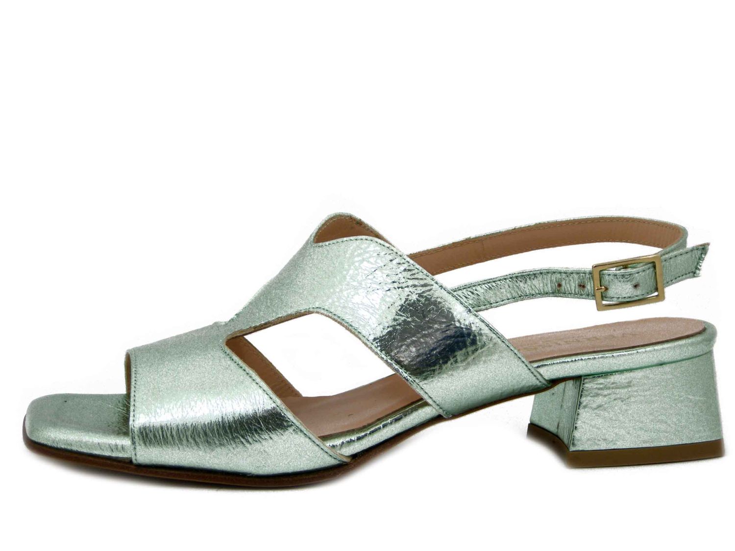 Sandali Donna in Pelle Verde Laminato, Tacco Basso 3 cm, Vernissage di Soffice Sogno - 23712VE