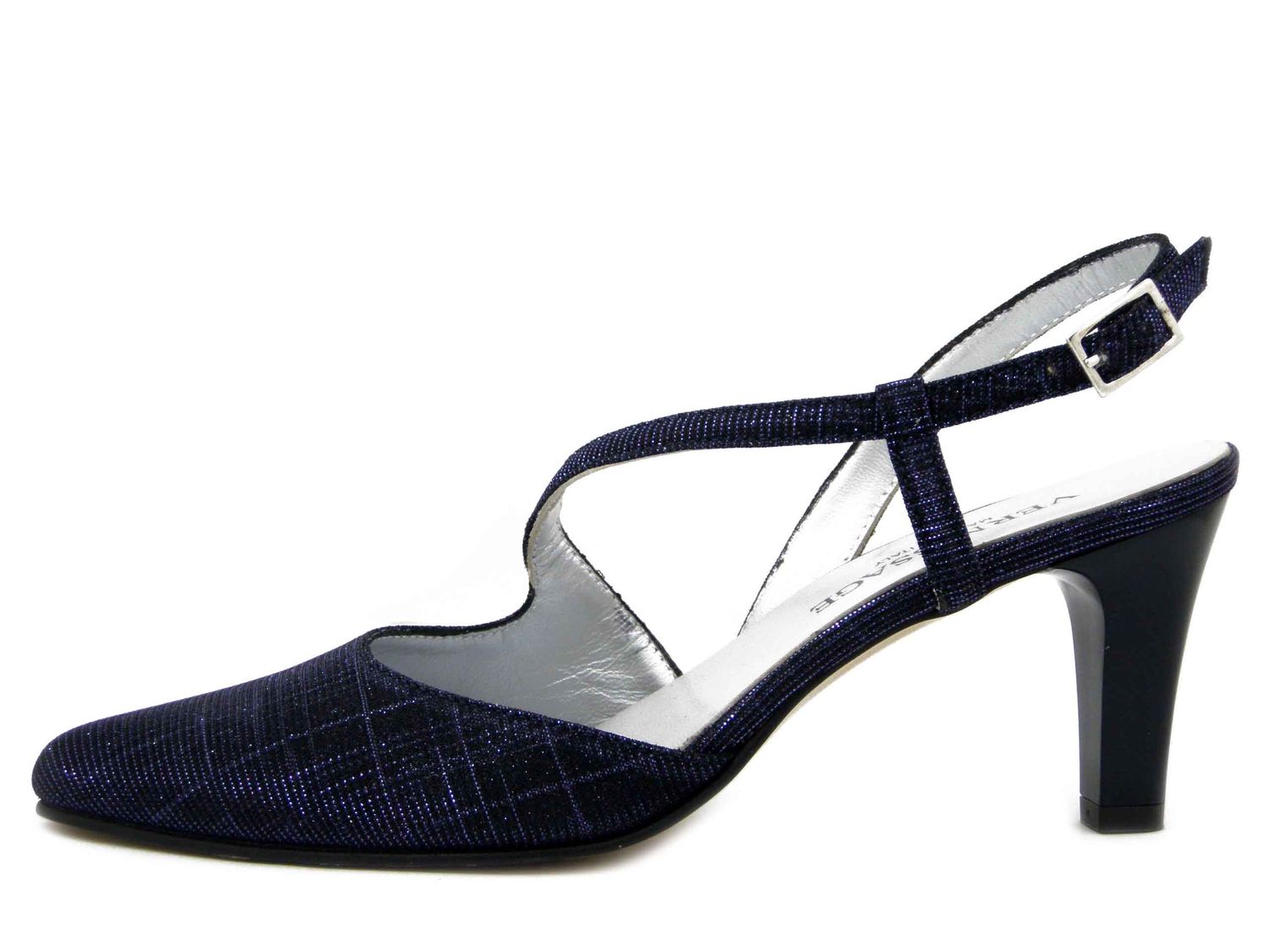 Decolletè Sling Back in Tessuto Glitter Blu, Tacco Medio 7 cm, Vernissage di Soffice Sogno - 23550