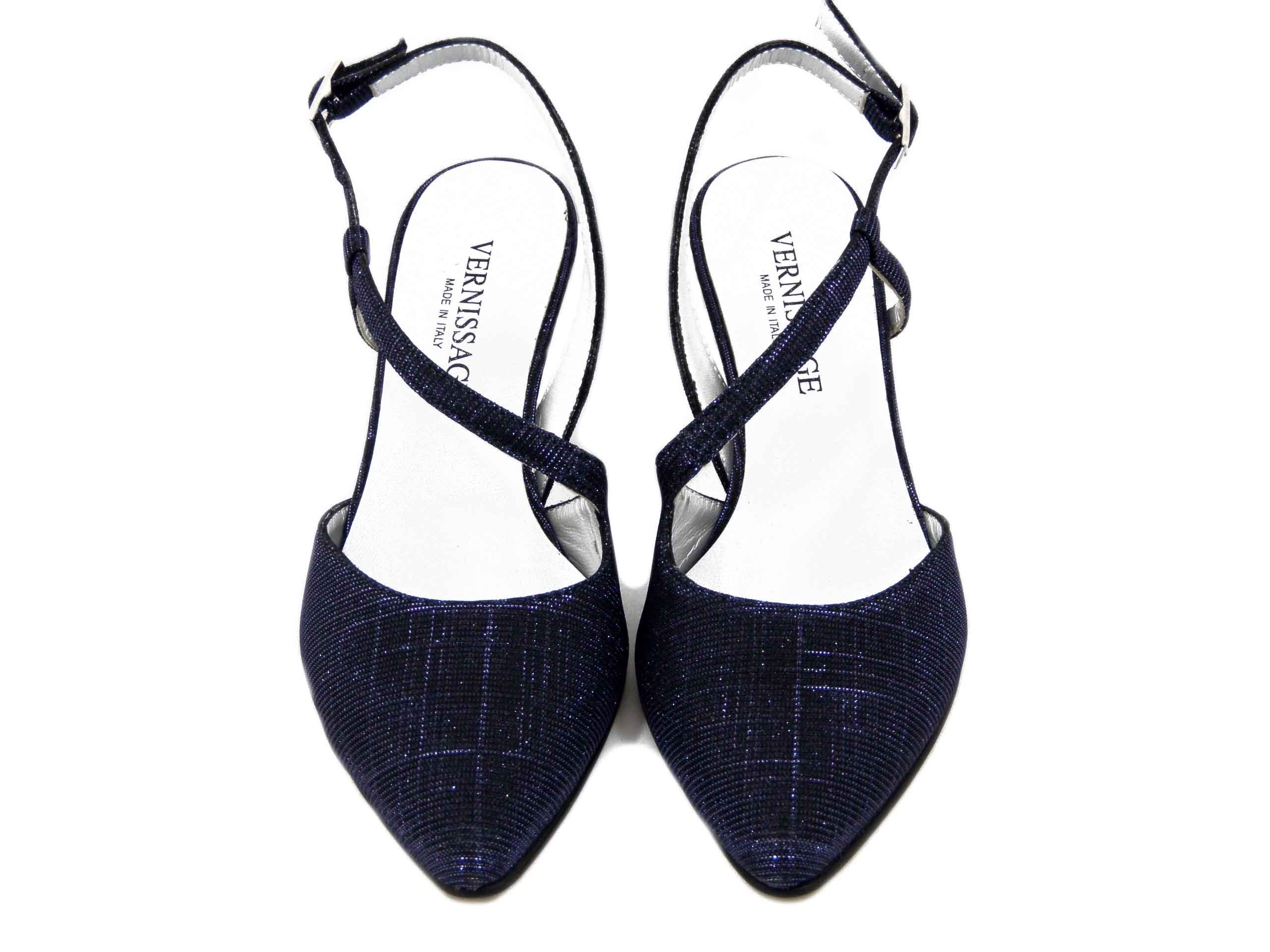 Decolletè Sling Back in Tessuto Glitter Blu, Tacco Medio 7 cm, Vernissage di Soffice Sogno - 23550