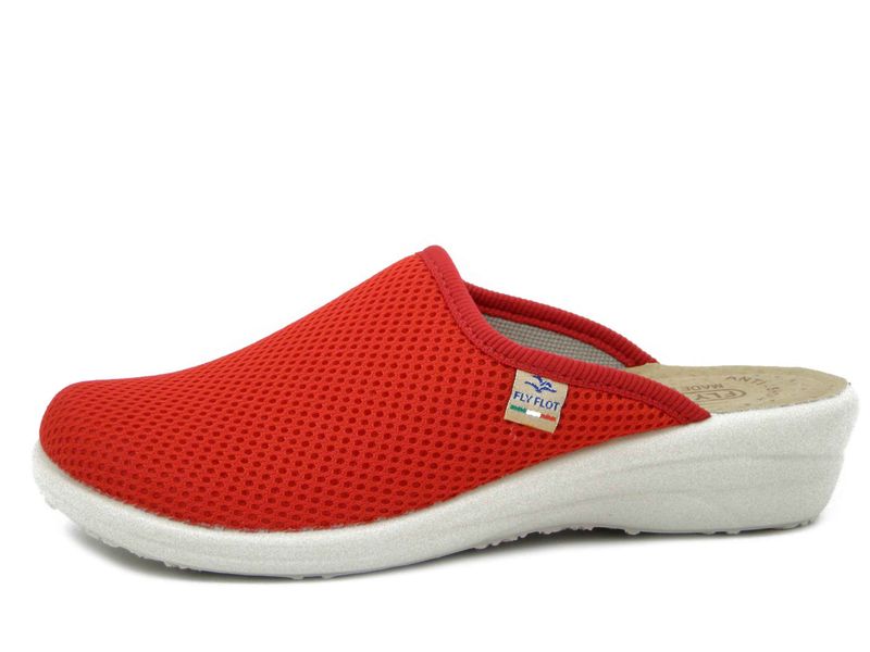 Ciabatte Pantofole Donna Leggere in Tessuto Rosso, Zeppa Bassa, Sottopiede in Vera Pelle - FLYFLOT
