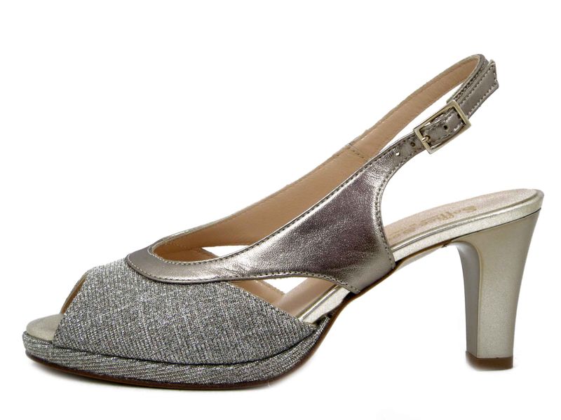 Sandalo Donna in Pelle e Tessuto Glitter Oro, Tacco Medio 7 cm e Plateau, Soffice Sogno - 22141