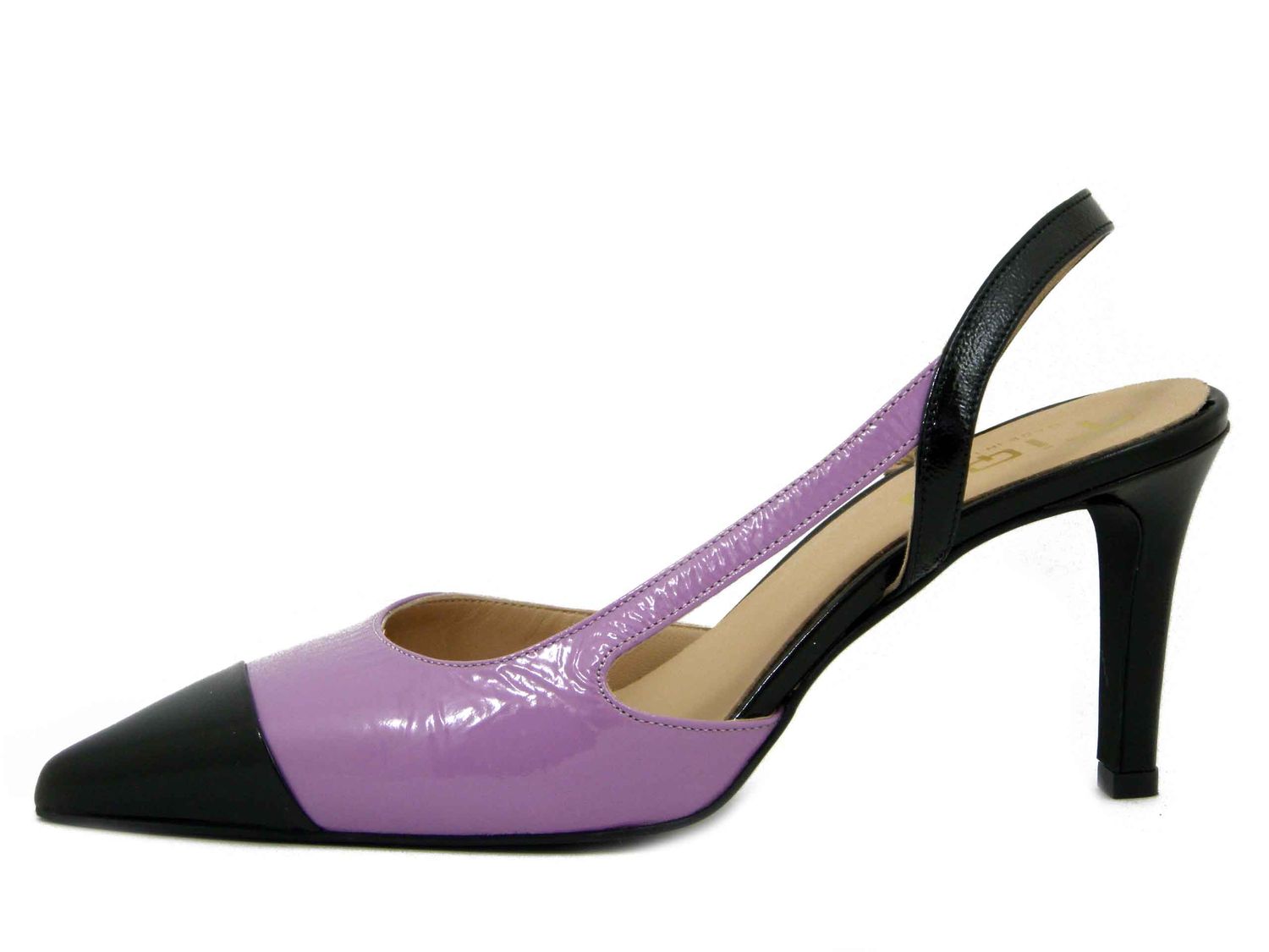 Sling Back Donna in Pelle Lucida Viola e Nero, Tacco Alto 8 cm - 5002