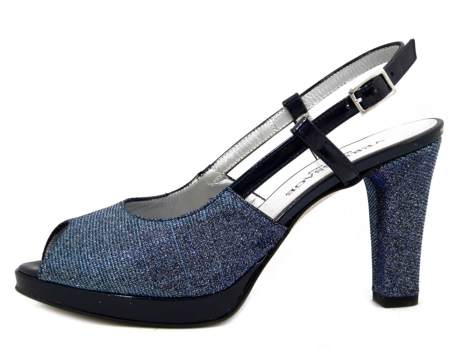 Sandali Donna in Pelle Lucida e Tessuto Glitter Blu, Tacco Alto e Plateau, Vernissage di Soffice Sogno - 20095