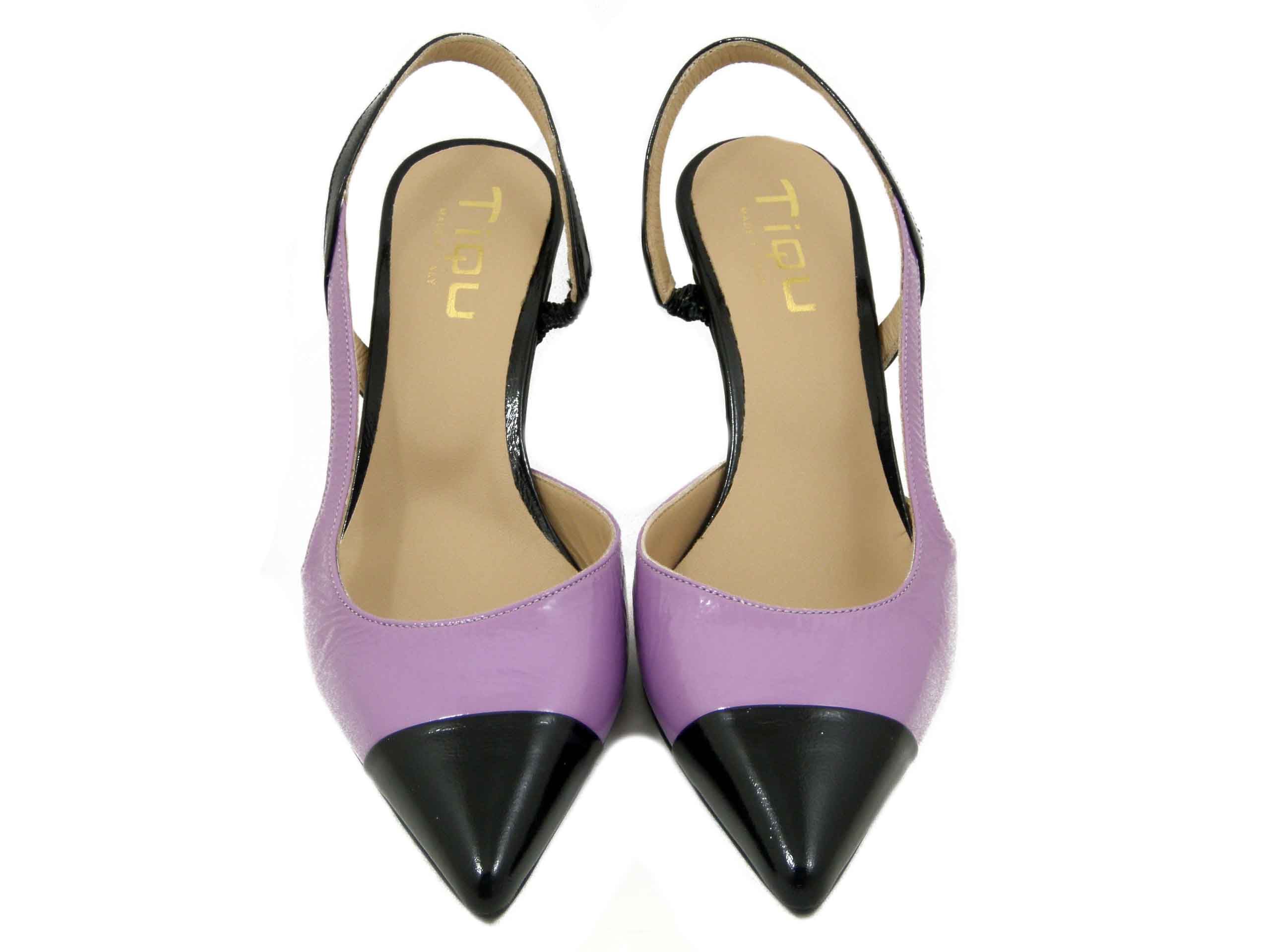 Sling Back Donna in Pelle Lucida Viola e Nero, Tacco Alto 8 cm - 5002