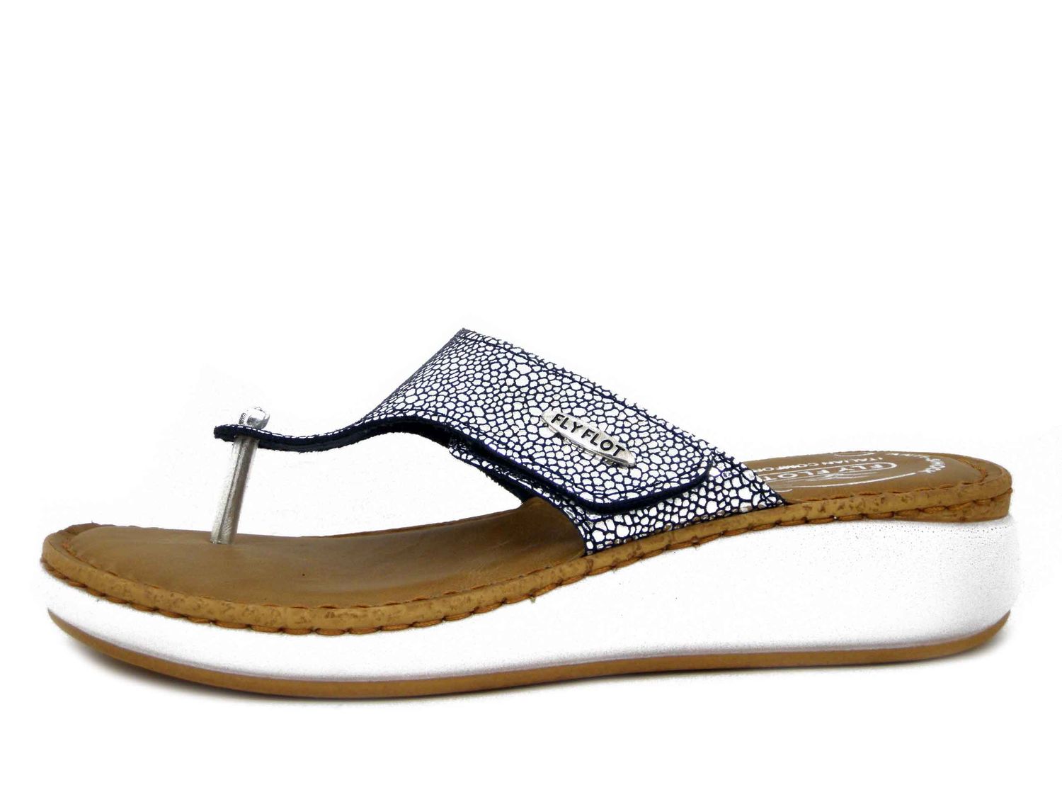 Infradito Donna in Pelle Blu e Argento con Strap, Sottopiede in Vera Pelle, Zeppa Bassa, Fly Flot - 59G08