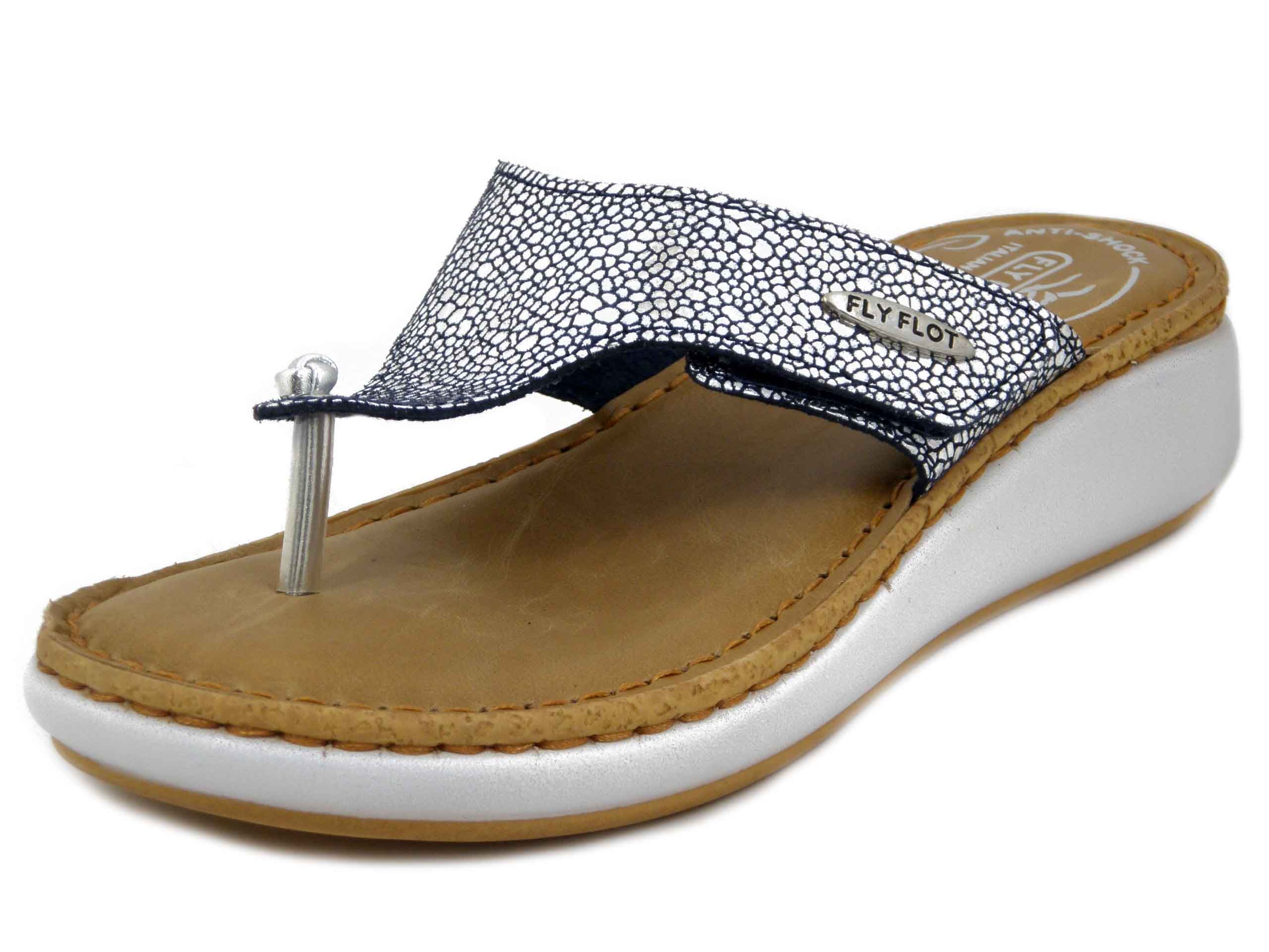 Infradito Donna in Pelle Blu e Argento con Strap, Sottopiede in Vera Pelle, Zeppa Bassa, Fly Flot - 59G08