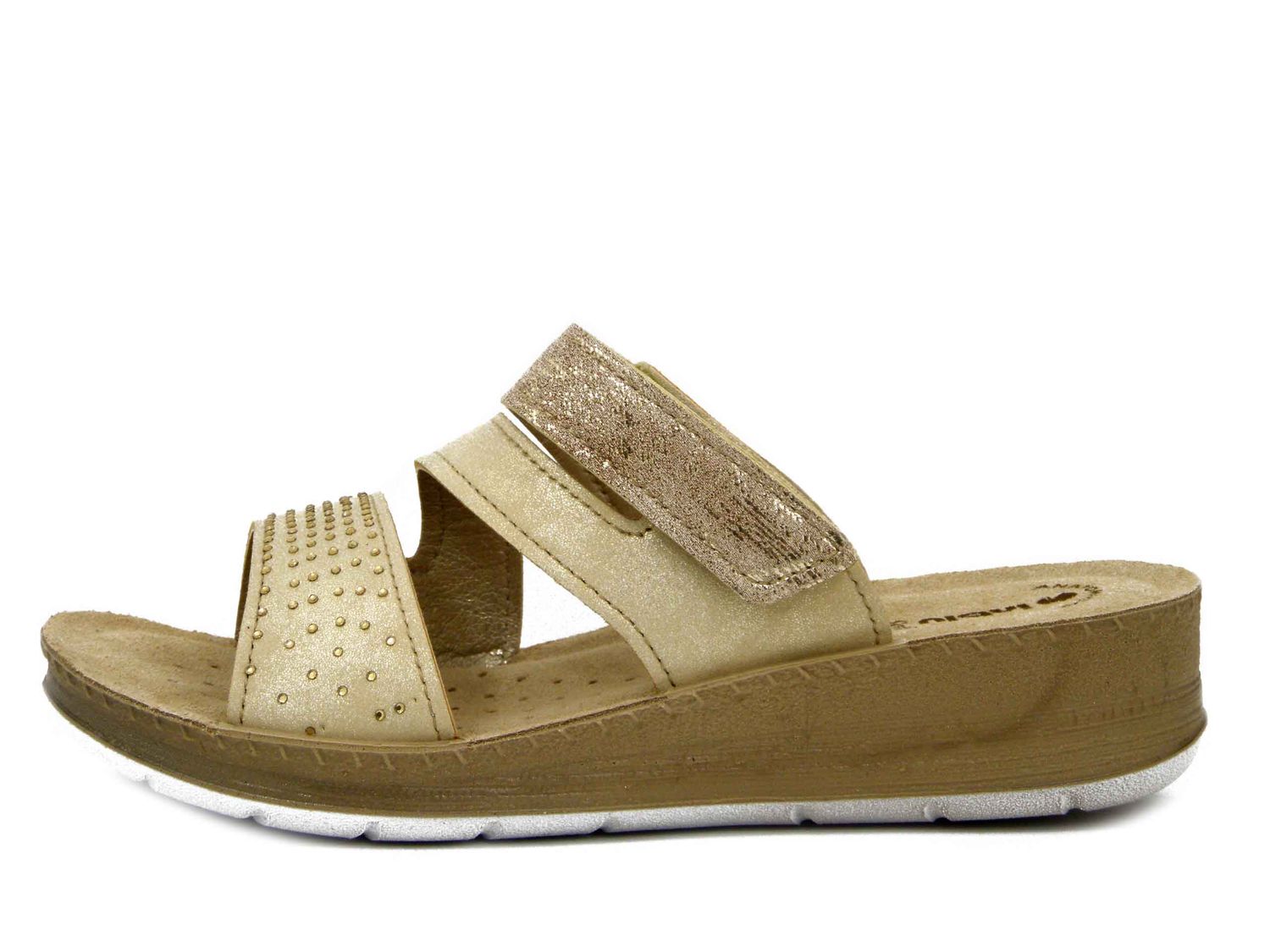 Ciabatte Donna in Eco Pelle Beige con Strass, Sottopiede Soft Vera Pelle, Zeppa Bassa,  INBLU - FC62