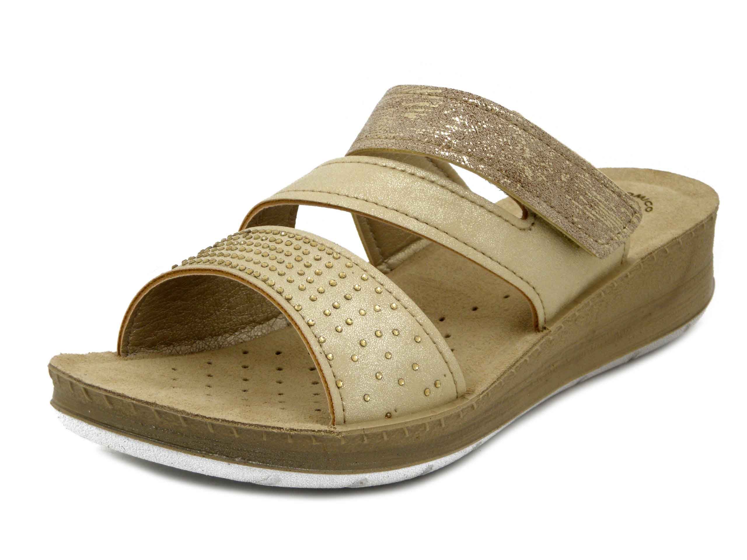 Ciabatte Donna in Eco Pelle Beige con Strass, Sottopiede Soft Vera Pelle, Zeppa Bassa,  INBLU - FC62