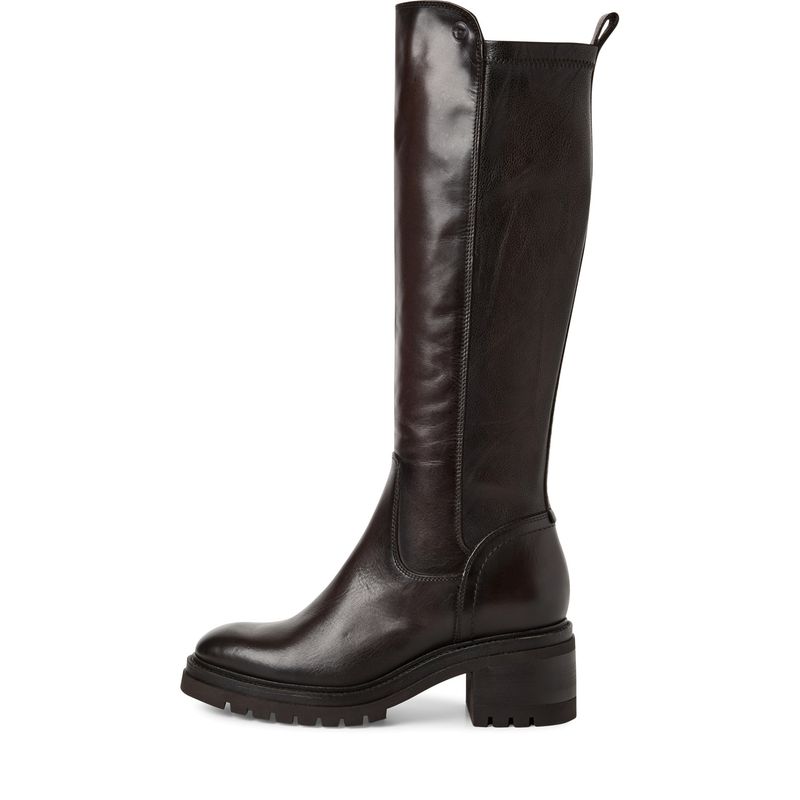 Stivali Donna in Pelle Marrone Scuro, Gambale Elasticizzato, Tacco Basso 5 cm, Tamaris - 25505
