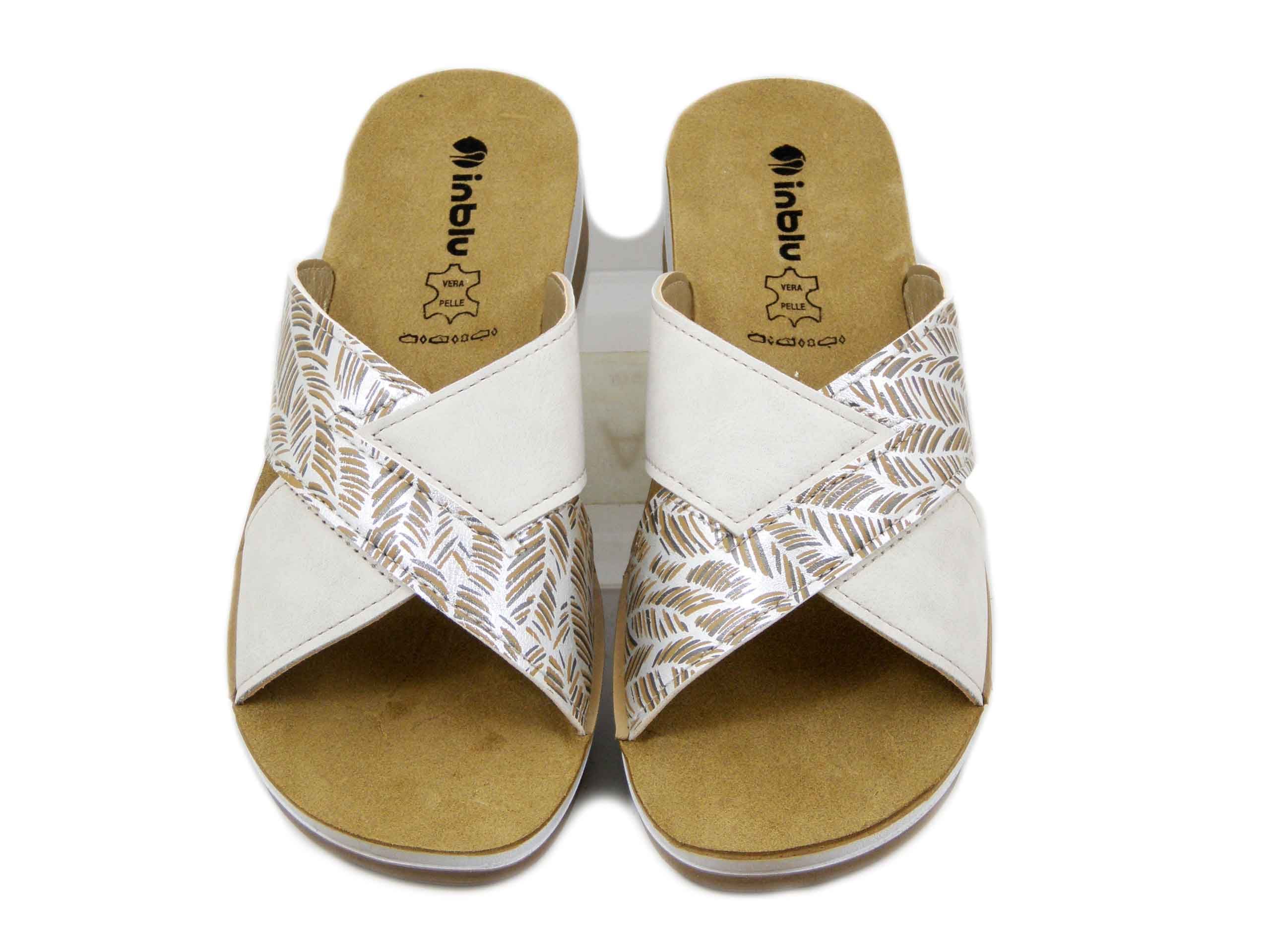 Ciabatta Donna in Eco Pelle Bianco e Beige, Sottopiede Vera Pelle, Zeppa Bassa 4 cm,  INBLU - FT18