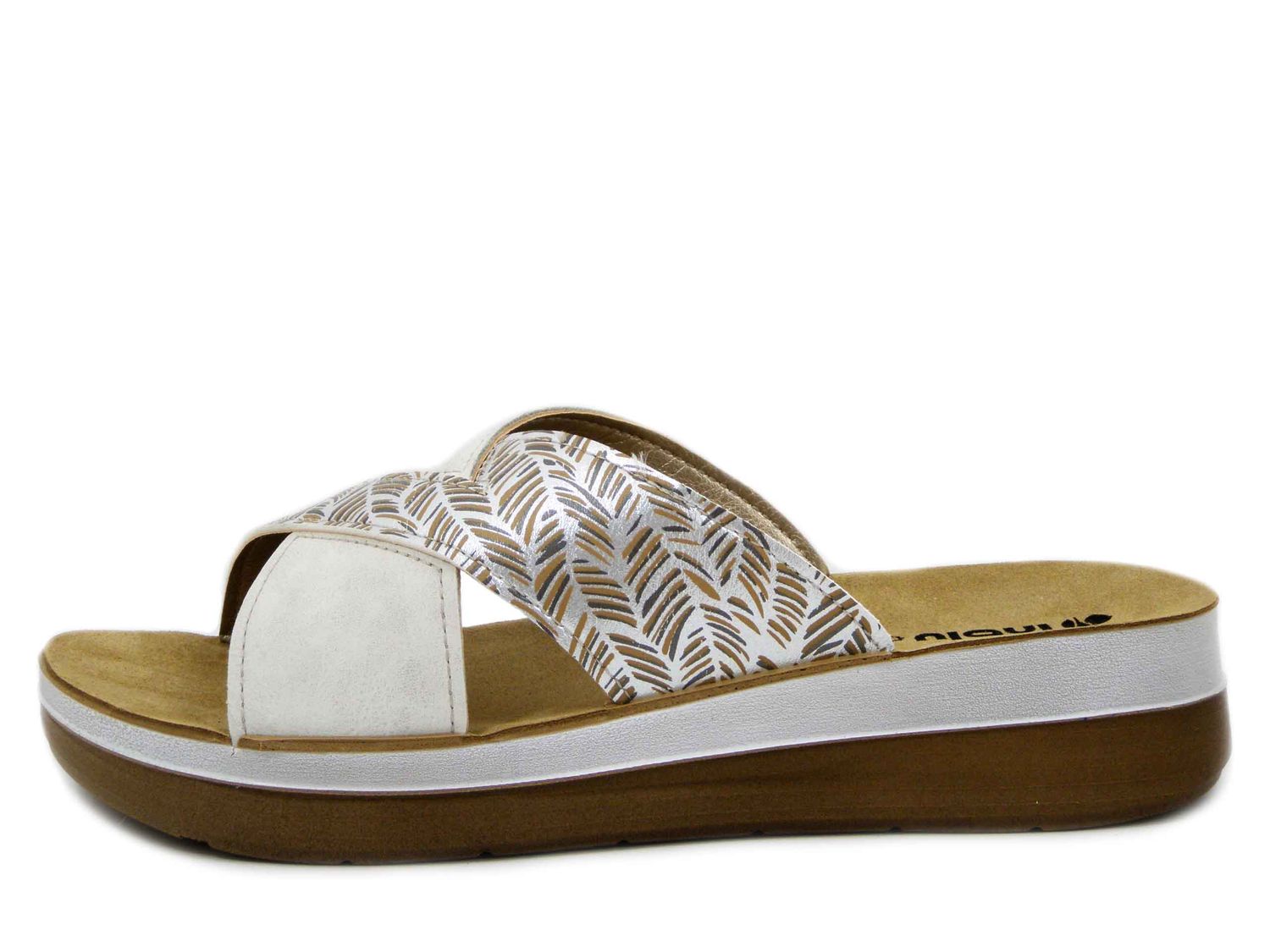 Ciabatta Donna in Eco Pelle Bianco e Beige, Sottopiede Vera Pelle, Zeppa Bassa 4 cm,  INBLU - FT18