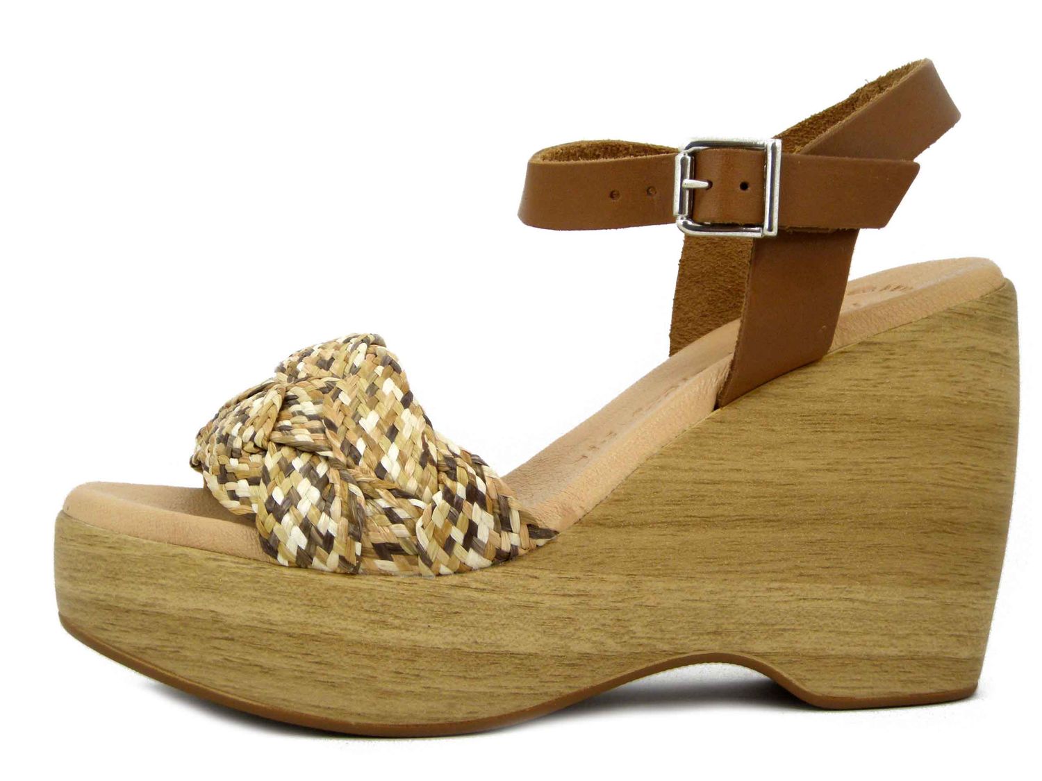 Sandali Donna in Pelle e Tessuto Marrone, Zeppa Alta 10 cm e Plateau, Raquel Perez - 18729