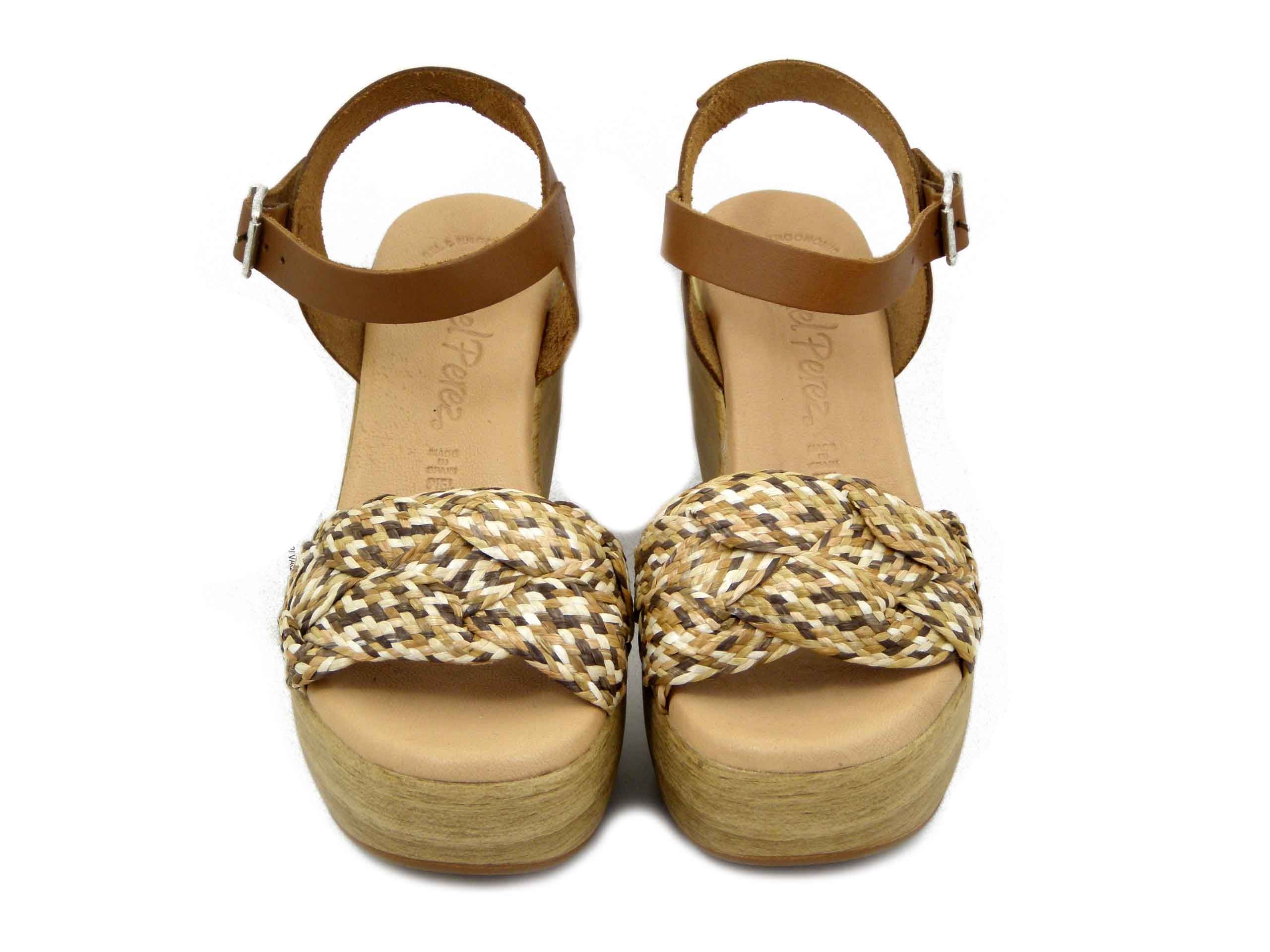 Sandali Donna in Pelle e Tessuto Marrone, Zeppa Alta 10 cm e Plateau, Raquel Perez - 18729