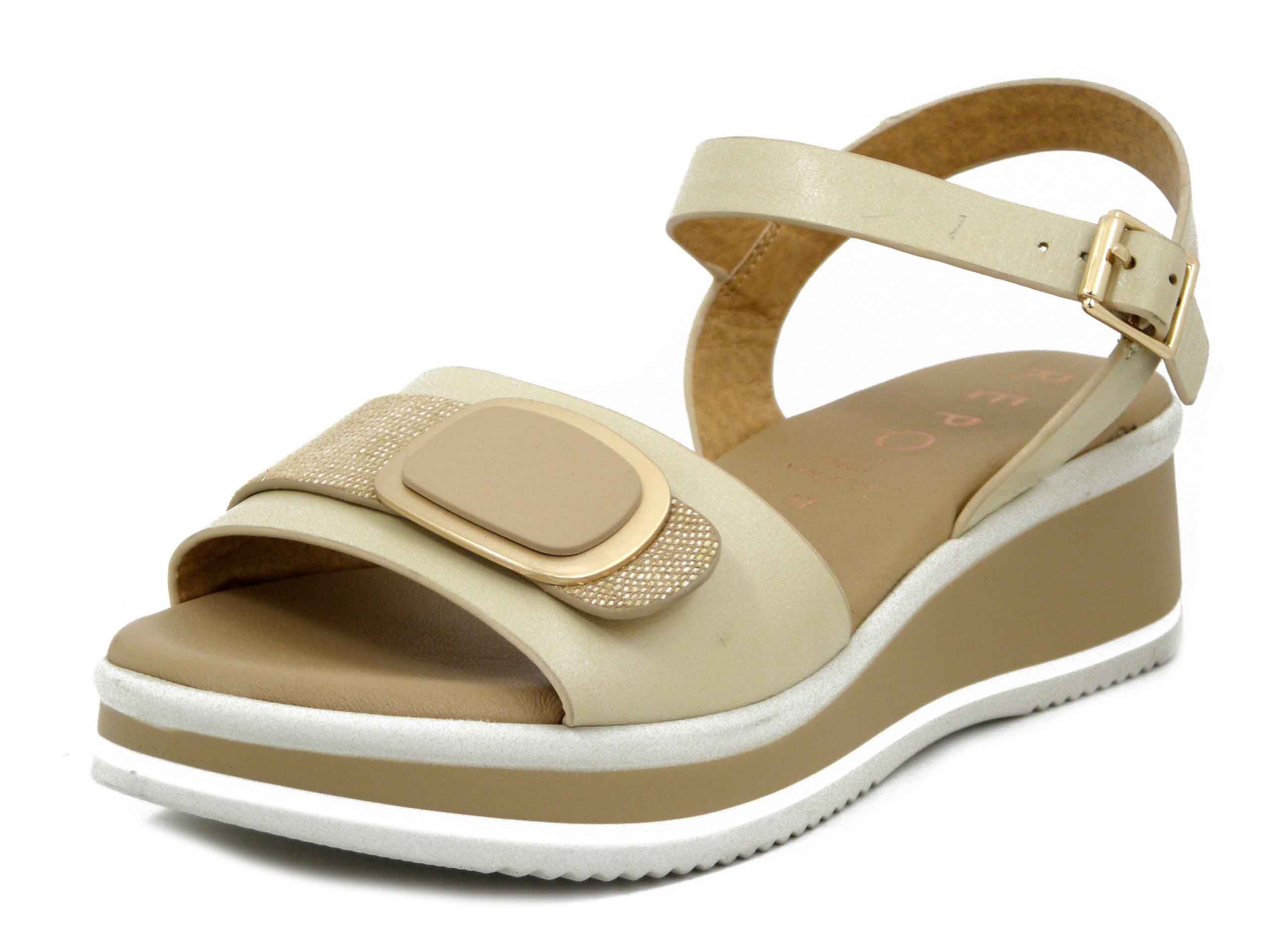 Sandali Donna in Pelle Beige, Zeppa Medio Bassa - 12223