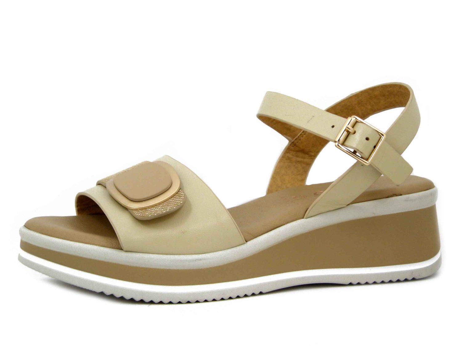 Sandali Donna in Pelle Beige, Zeppa Medio Bassa - 12223
