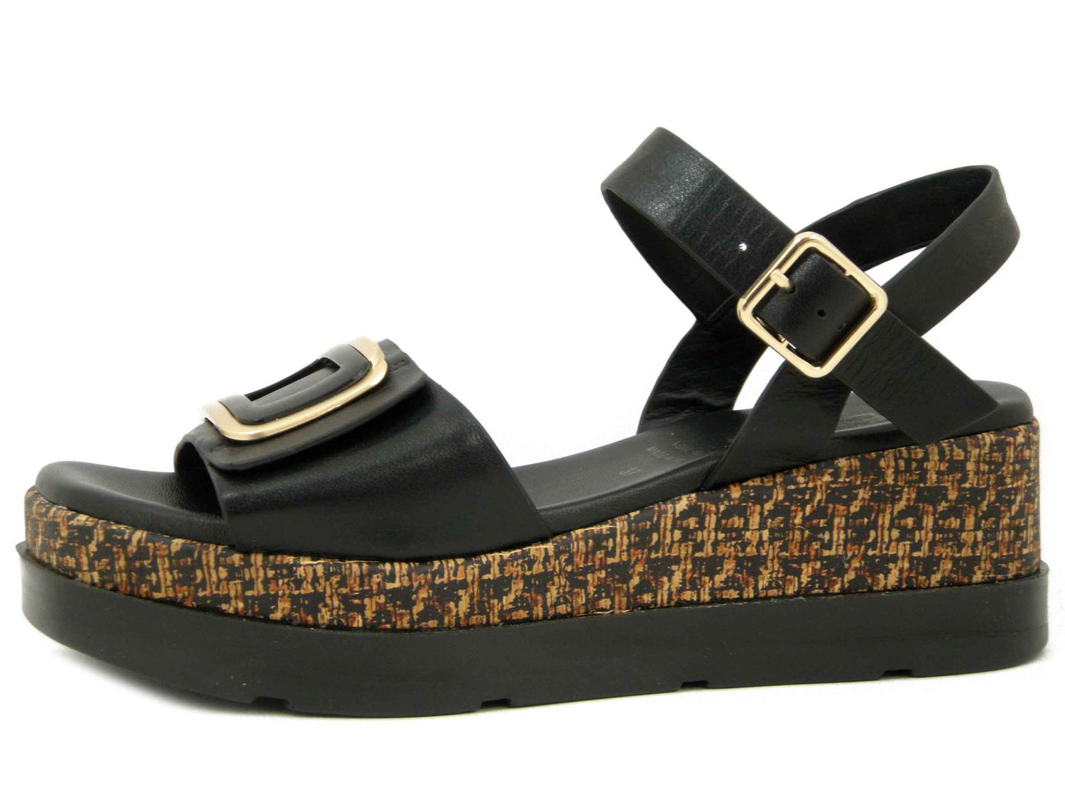 Sandali Donna in Pelle Nero, Zeppa Media 5 cm e Plateau - 50247
