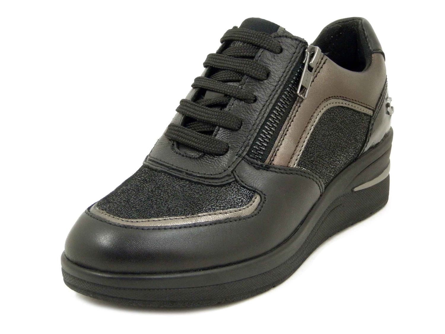 Sneakers Donna con cerniera in Pelle Nero e Bronzo, Zeppa Bassa 4 cm, Plantare Estraibile, CINZIA SOFT - 3992