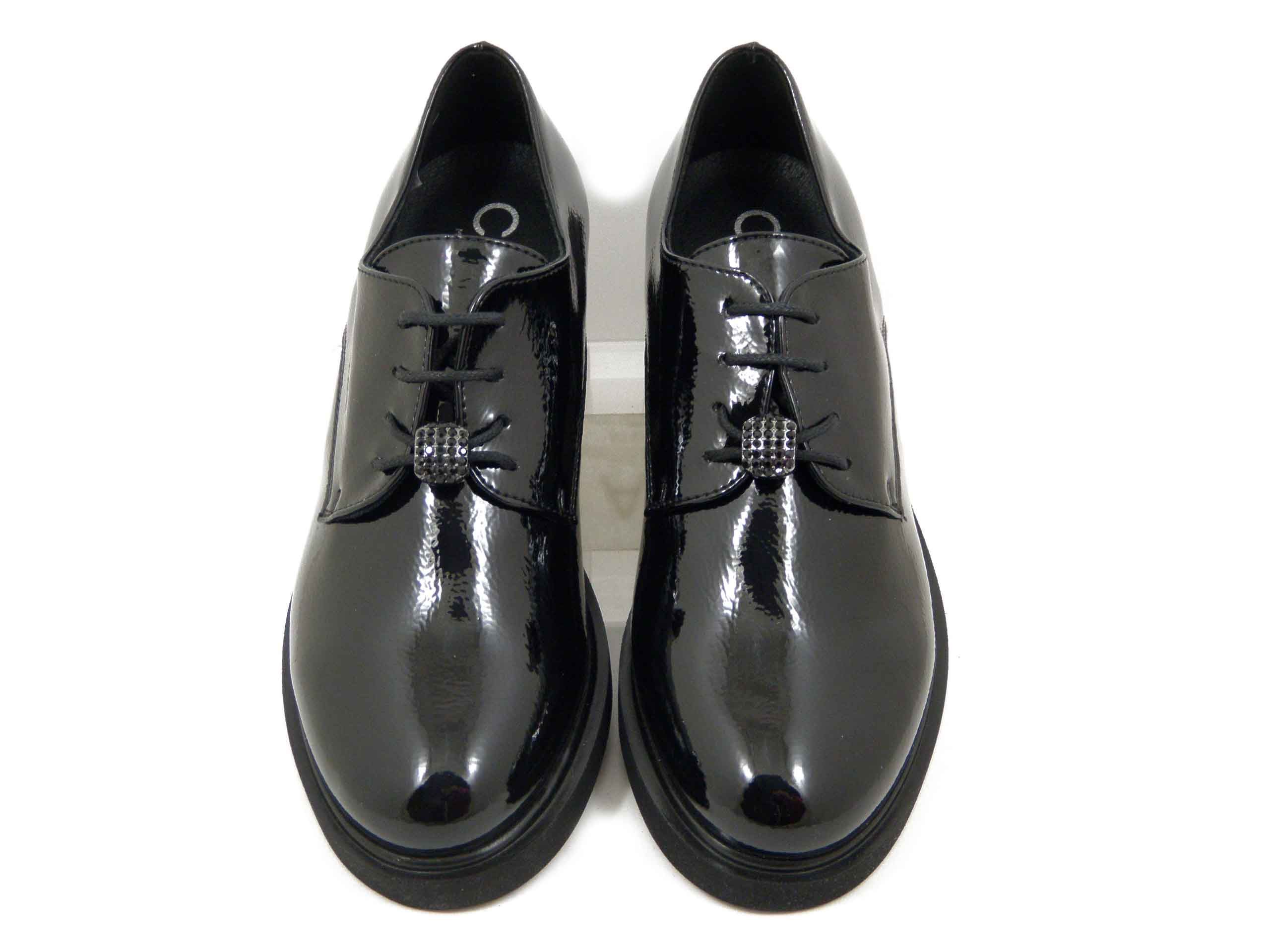 Francesine Donna Derby in Eco Pelle Lucida Nero, Tacco Basso, Plantare Estraibile, CINZIA SOFT - 5829