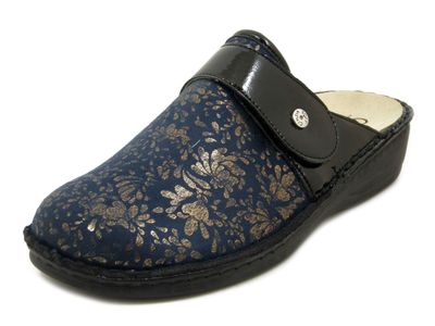 Pantofole Donna Linea Sanitaria in Pelle e Tessuto Elasticizzato Blu con Strap, Plantare Estraibile, Zeppa Bassa, CINZIA SOFT - 24280