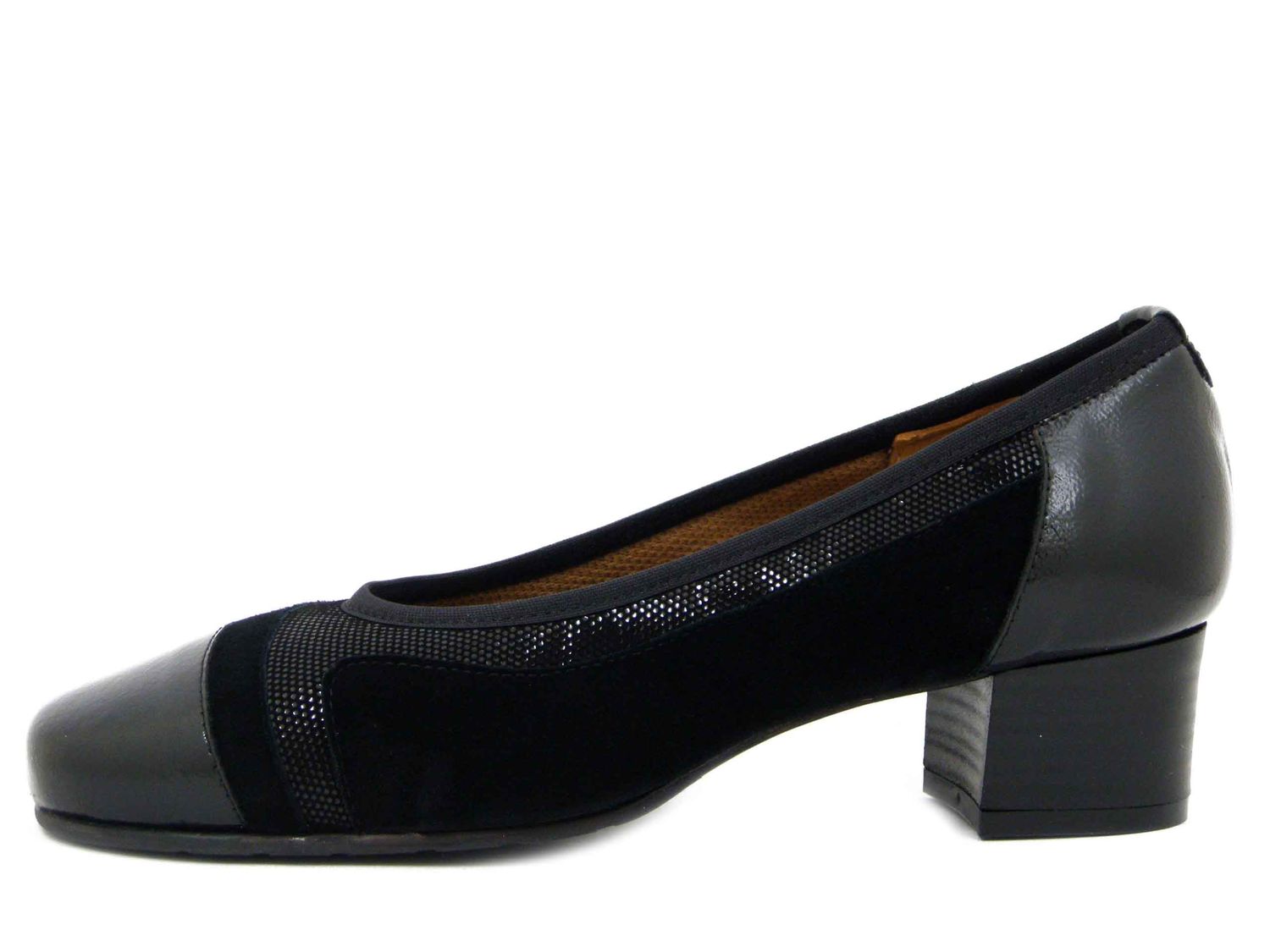 Décolleté Linea Comfort in Pelle Lucida e Camoscio Nero, Tacco Basso, Pianta Larga, Osvaldo Pericoli - I4MAX