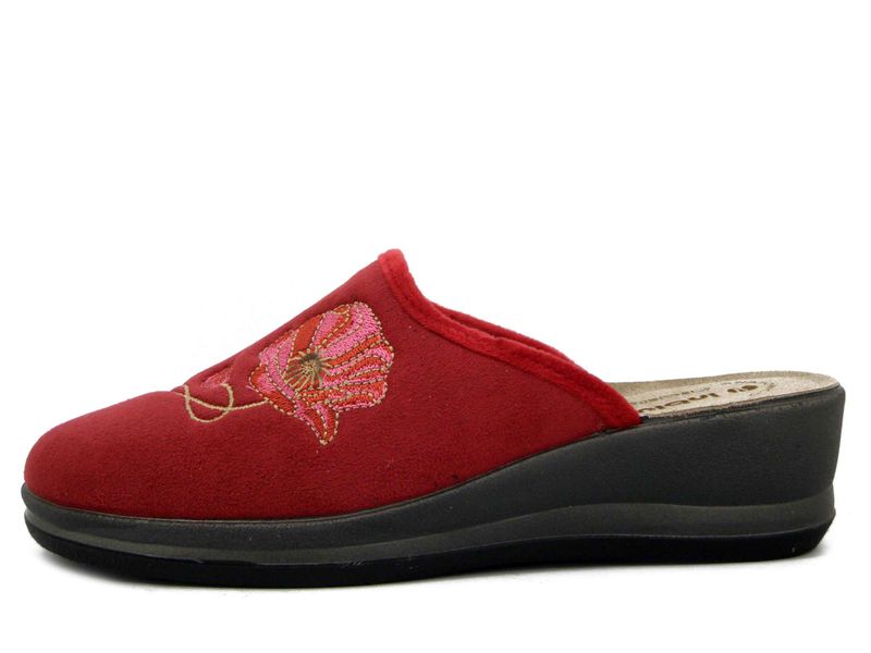 Pantofole Donna in Tessuto Rosso, Sottopiede Vera Pelle, Zeppa Bassa, INBLU - GI26