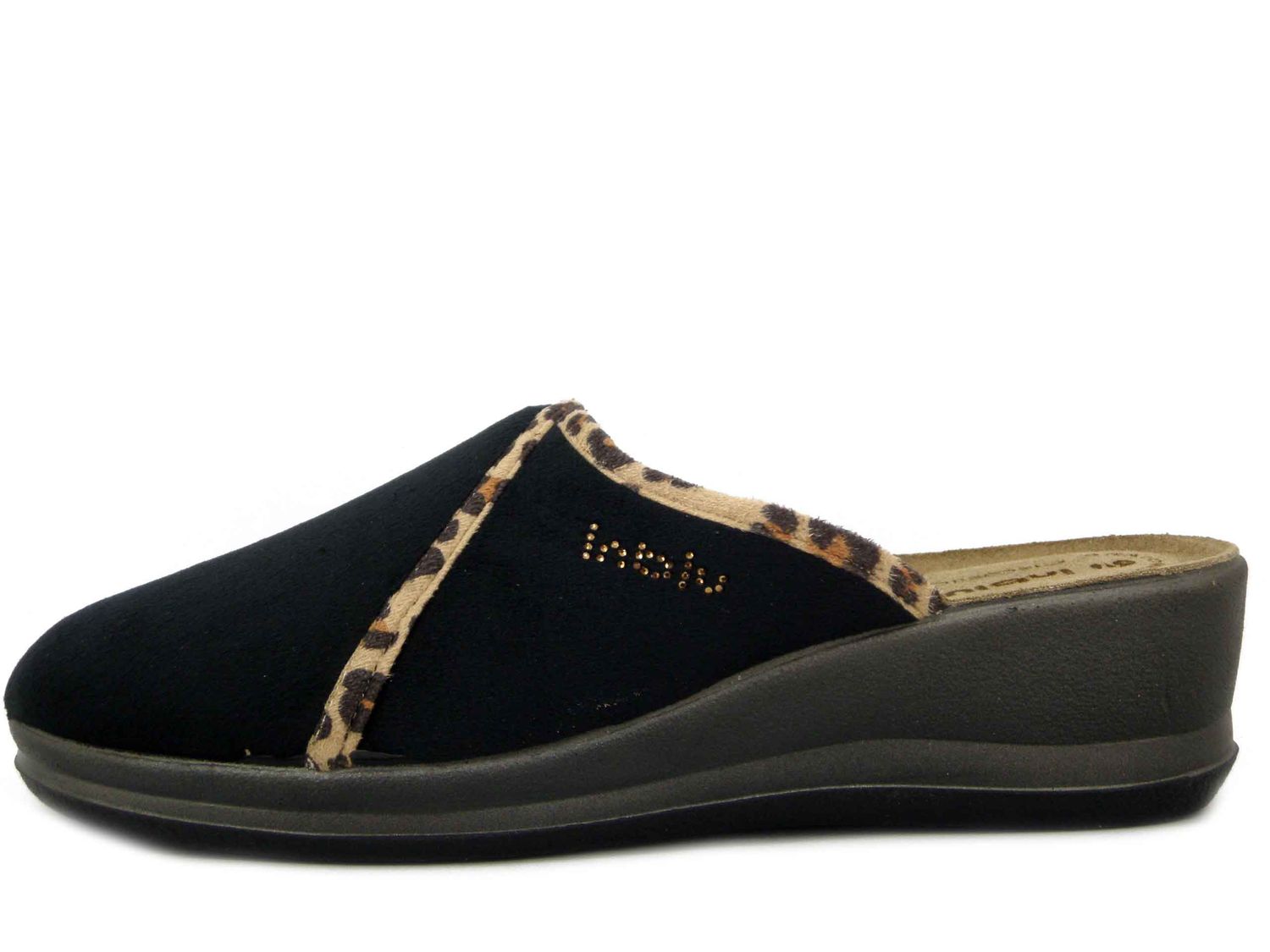 Pantofole Donna in Tessuto Nero e Animalier, Sottopiede Vera Pelle, Zeppa Bassa, INBLU - GI25