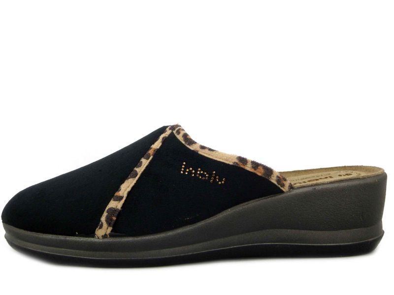 Pantofole Donna in Tessuto Nero e Animalier, Sottopiede Vera Pelle, Zeppa Bassa, INBLU - GI25