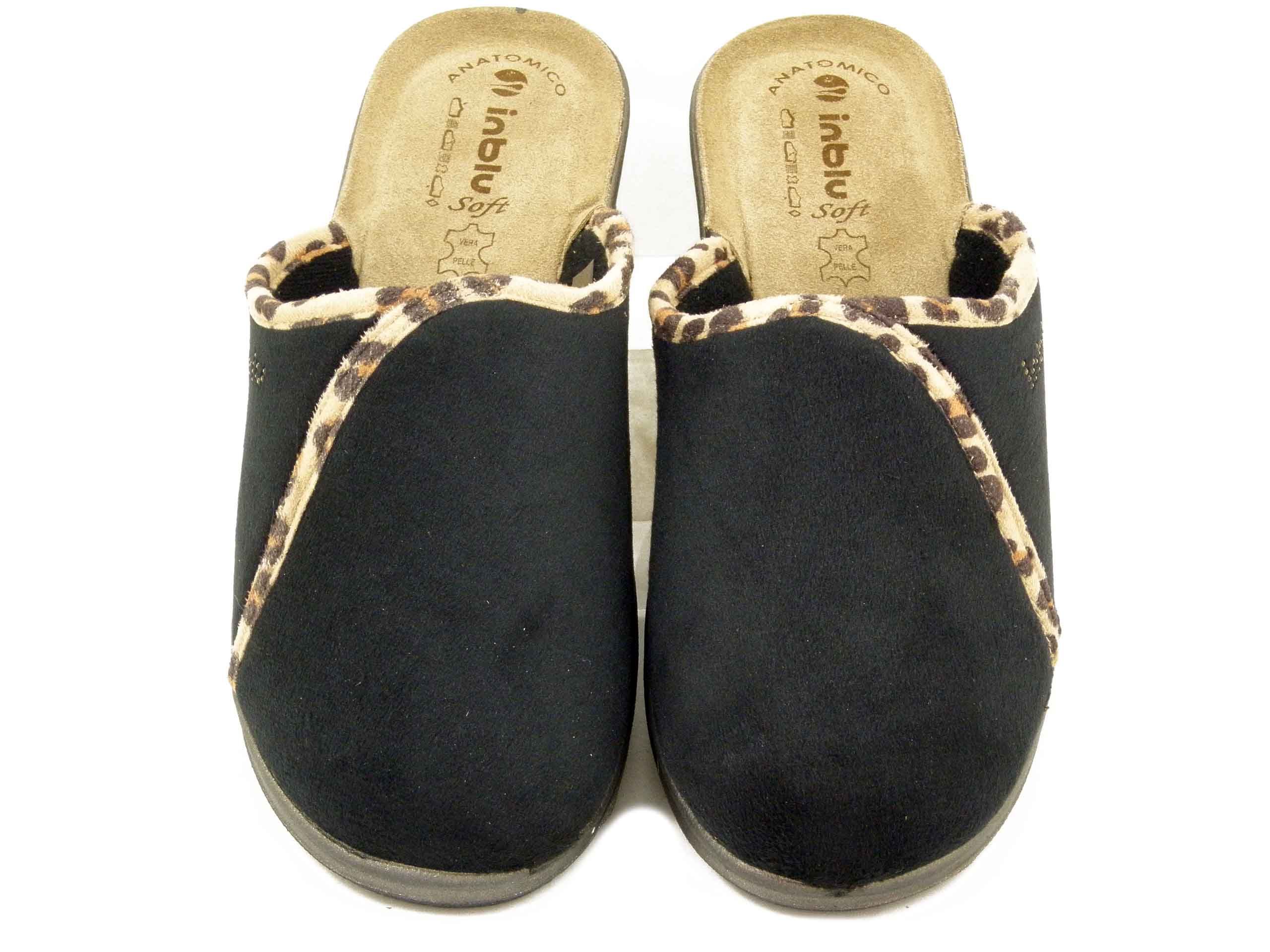 Pantofole Donna in Tessuto Nero e Animalier, Sottopiede Vera Pelle, Zeppa Bassa, INBLU - GI25